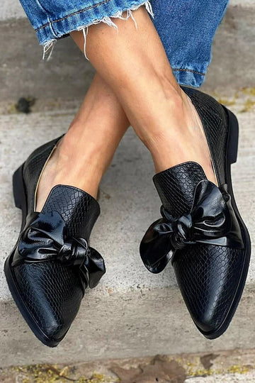 Cordelia | Elegant Snake Print Bow Penny Loafers