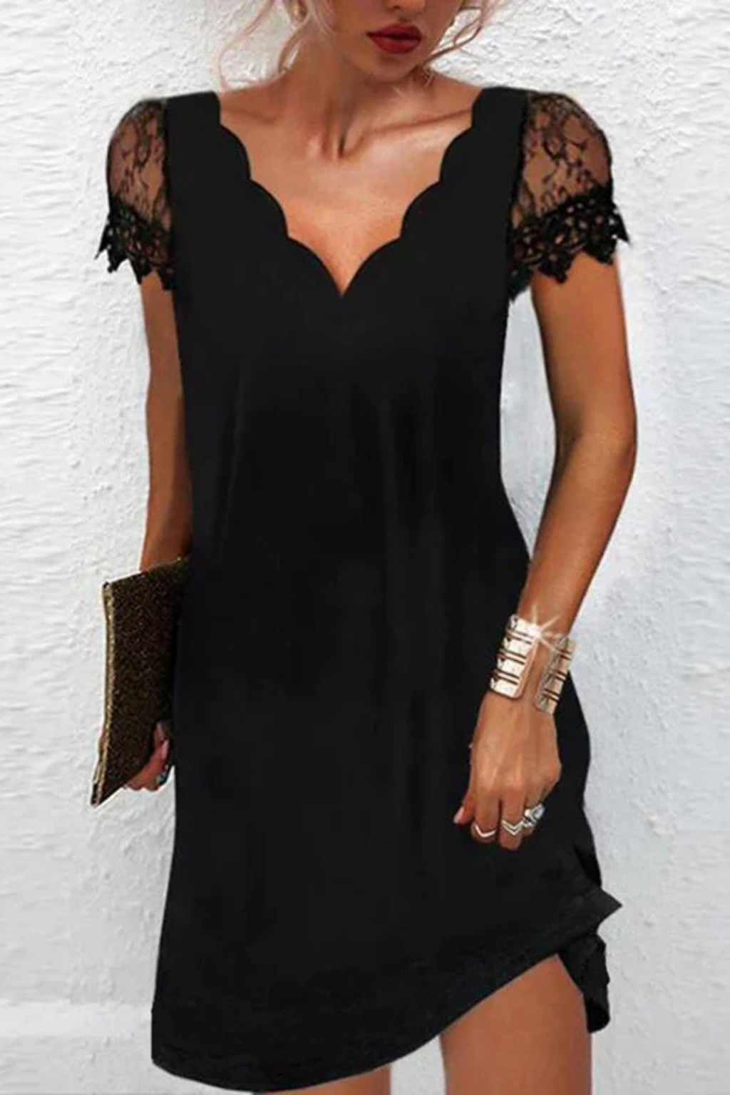 Evangeline | Elegant Lace Sleeve V-Neck Mini Dress