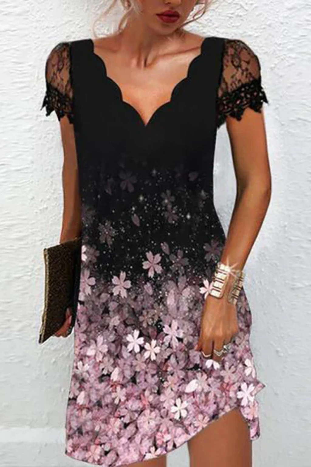 Evangeline | Elegant Lace Sleeve V-Neck Mini Dress
