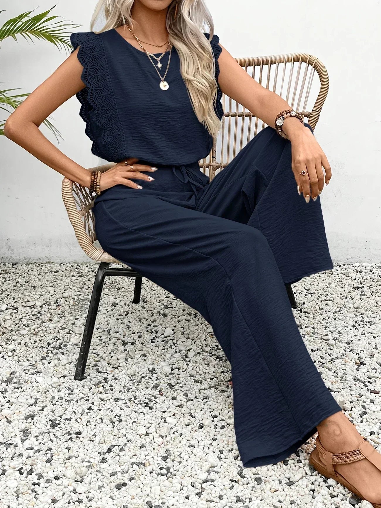 Adalenne | Effortless Lace Trim Wide Leg Two Piece Set