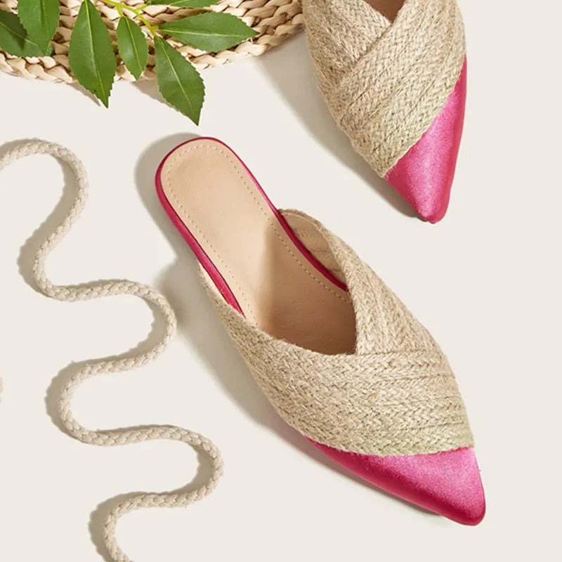 Margot | Elegant Woven Raffia Pointed Toe Mules