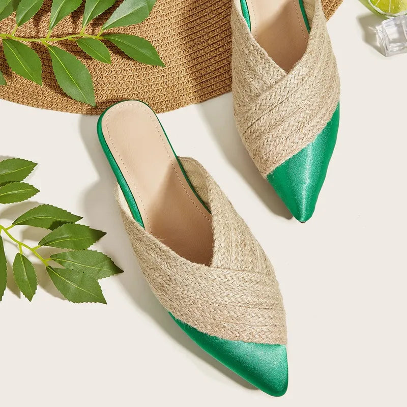 Margot | Elegant Woven Raffia Pointed Toe Mules
