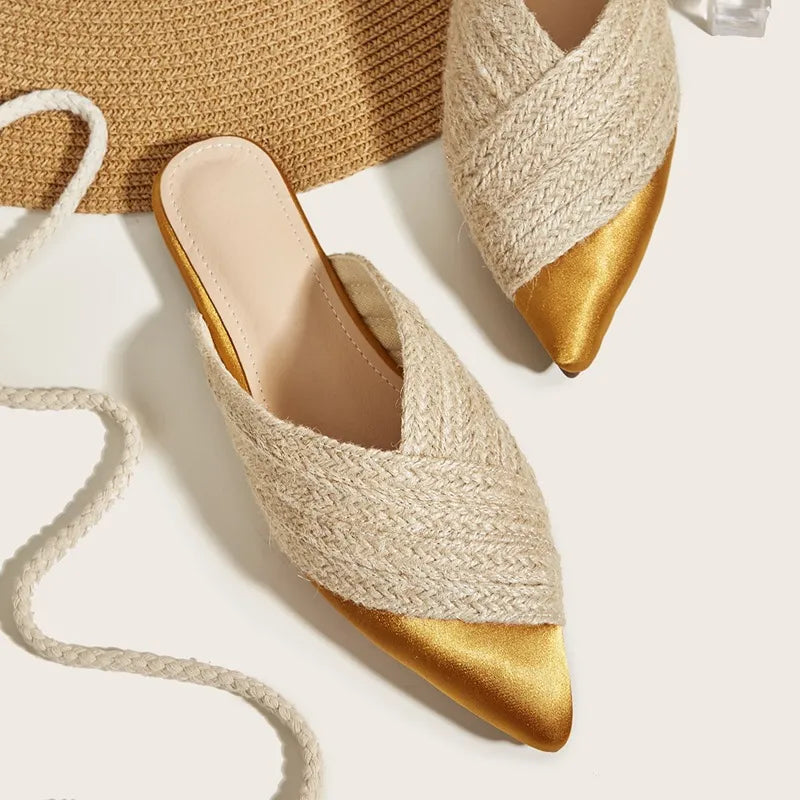 Margot | Elegant Woven Raffia Pointed Toe Mules
