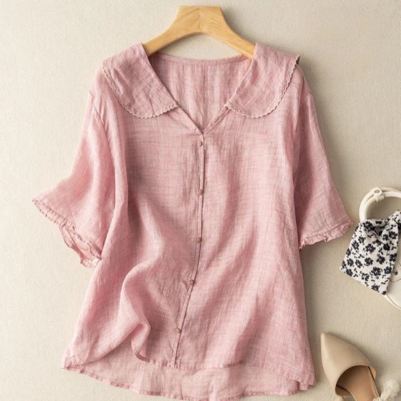 Evangeline | Romantic Linen Scalloped Collar Blouse