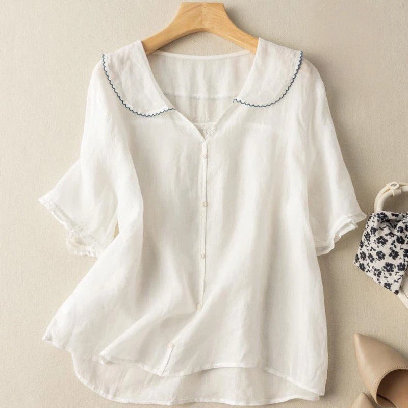 Evangeline | Romantic Linen Scalloped Collar Blouse