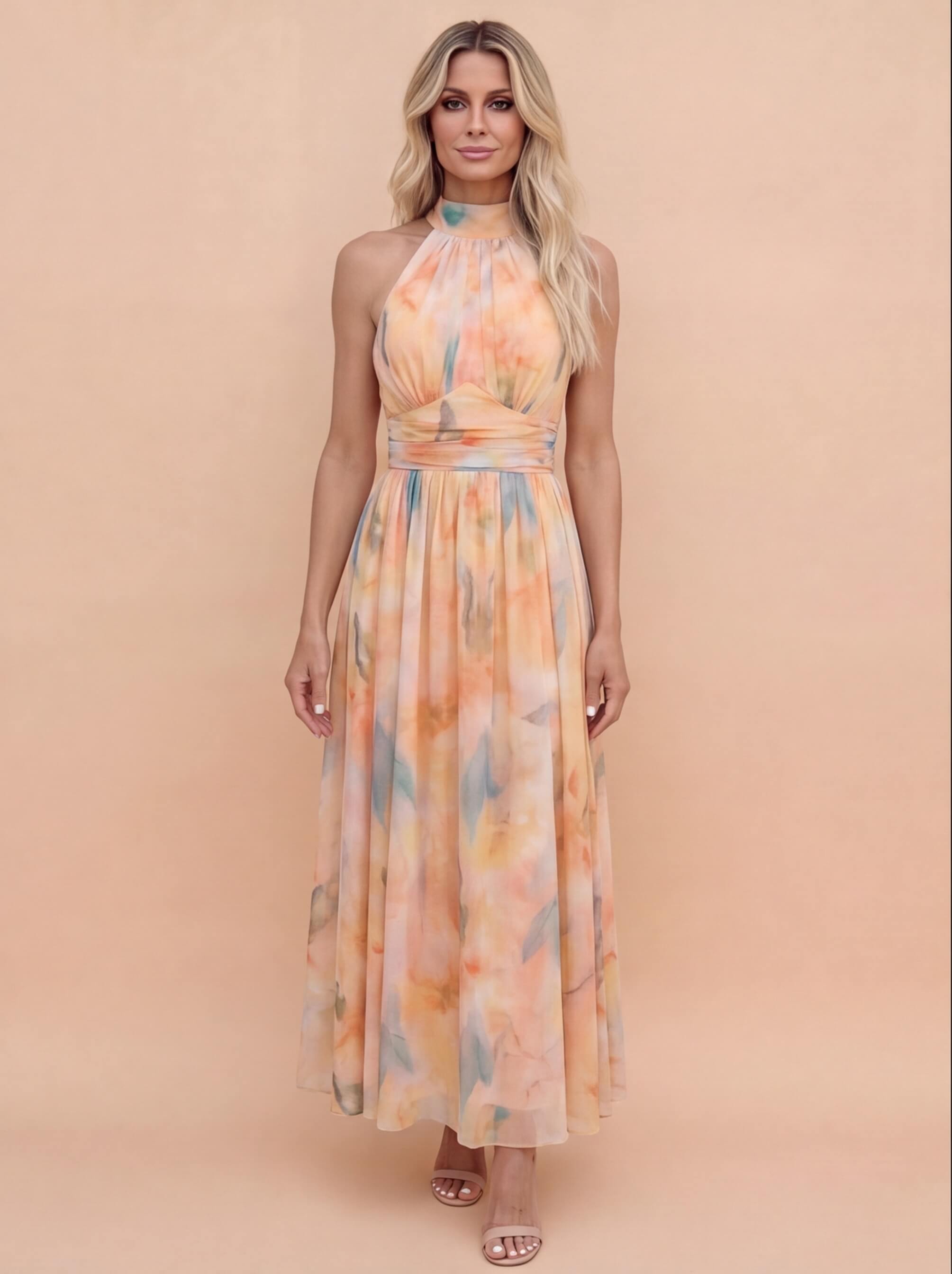 Evangeline | Elegant Watercolor Halter Maxi Dress