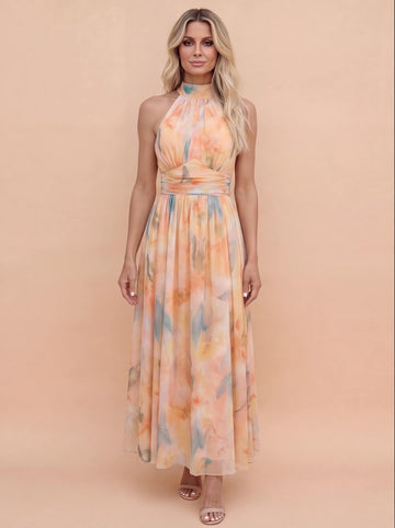 Evangeline | Elegant Watercolor Halter Maxi Dress
