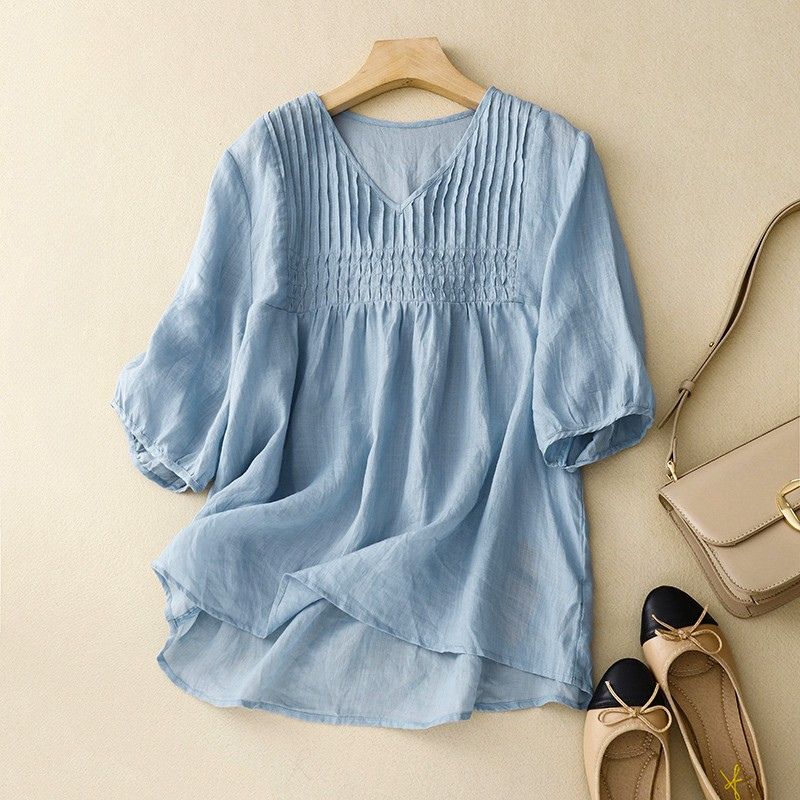 Evangeline | Elegant Smocked Cotton Linen Blouse