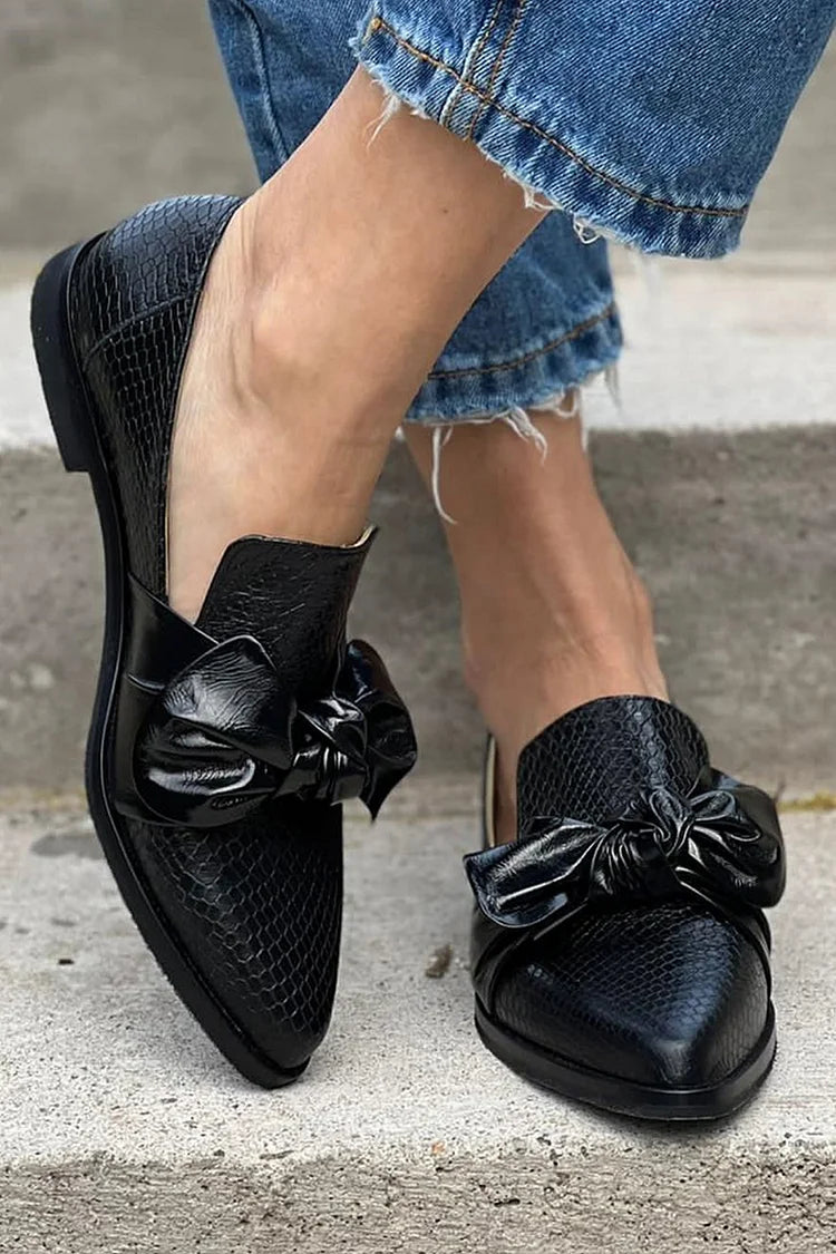 Cordelia | Elegant Snake Print Bow Penny Loafers