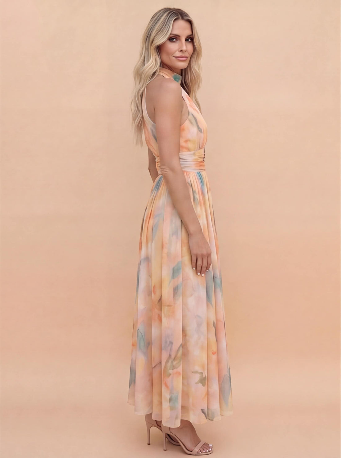 Evangeline | Elegant Watercolor Halter Maxi Dress