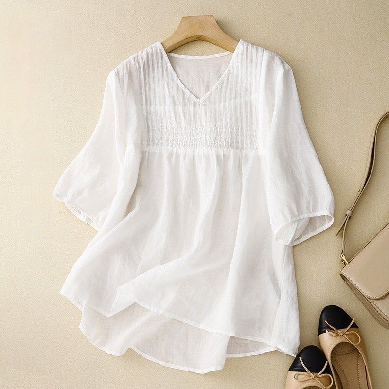 Evangeline | Elegant Smocked Cotton Linen Blouse