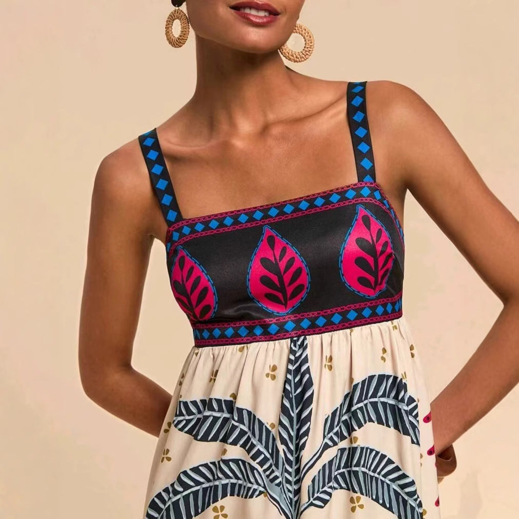 Tamrielle | Boho Tropical Print Smocked Maxi Dress