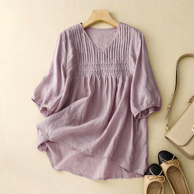 Evangeline | Elegant Smocked Cotton Linen Blouse