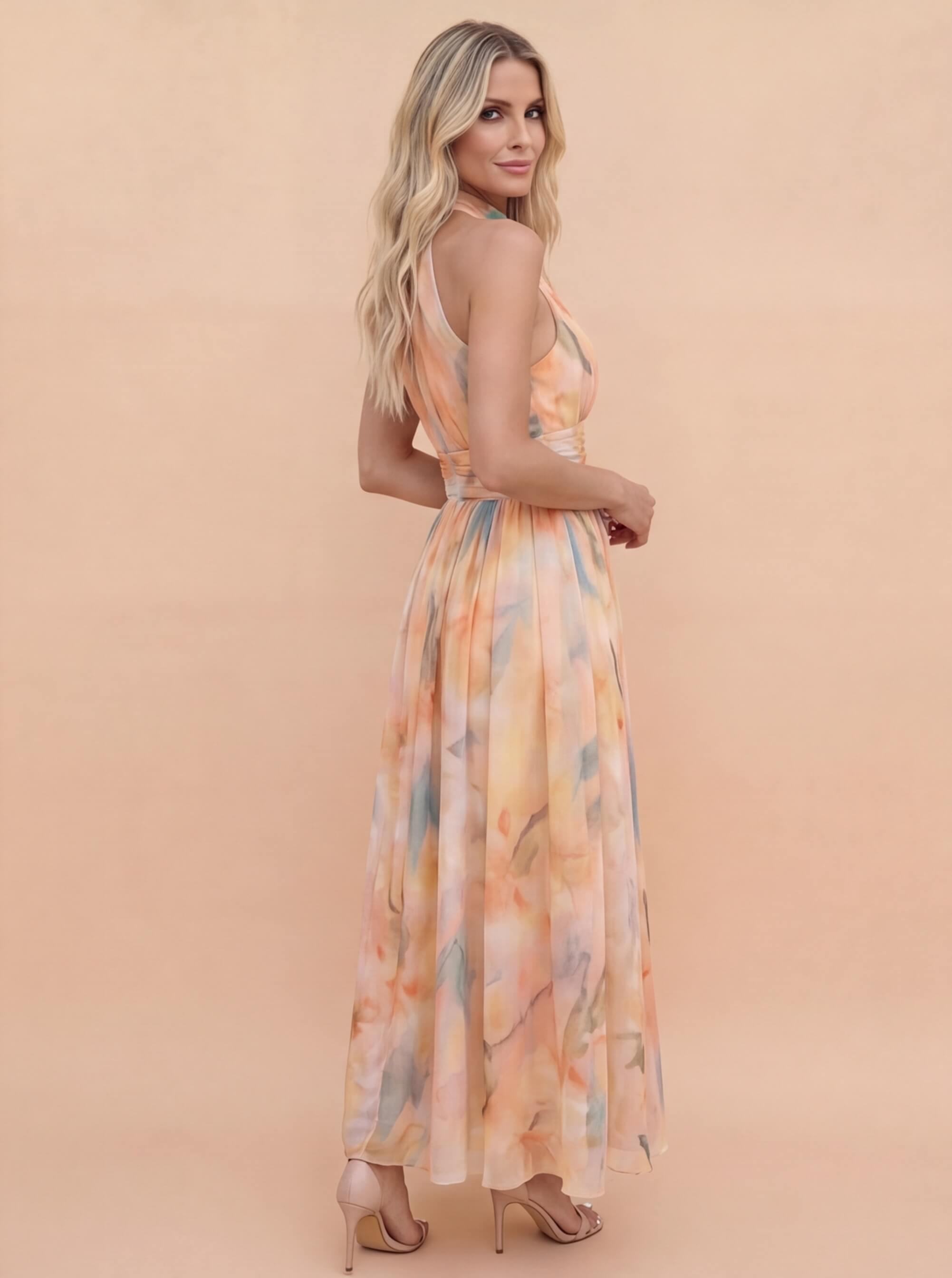 Evangeline | Elegant Watercolor Halter Maxi Dress