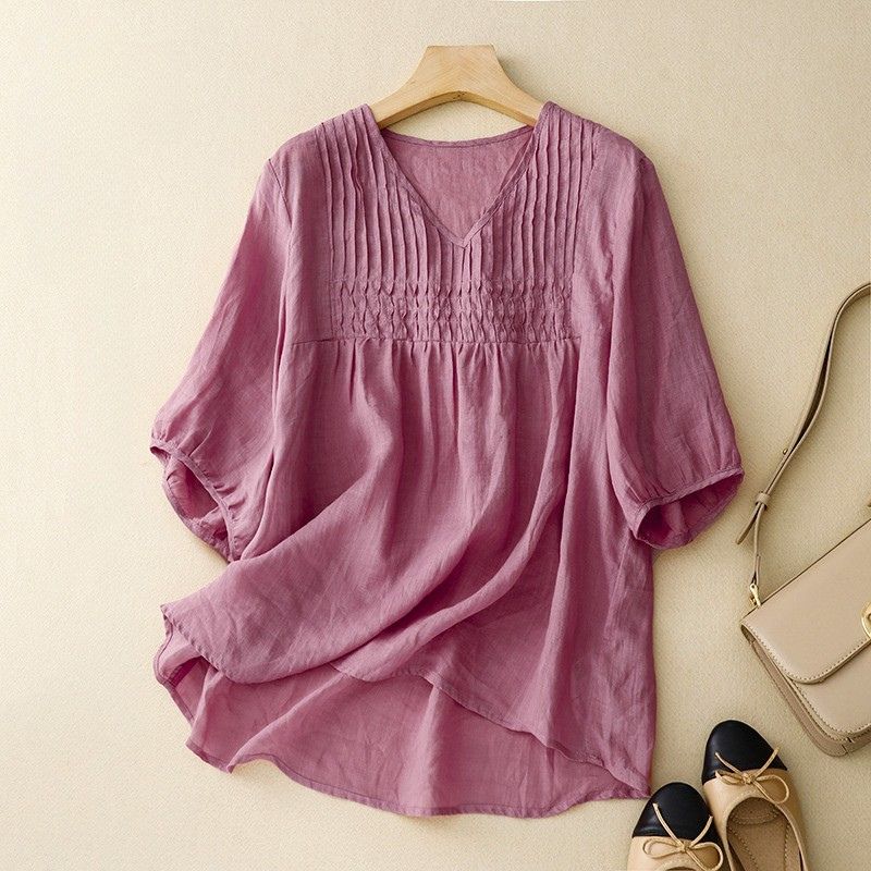 Evangeline | Elegant Smocked Cotton Linen Blouse