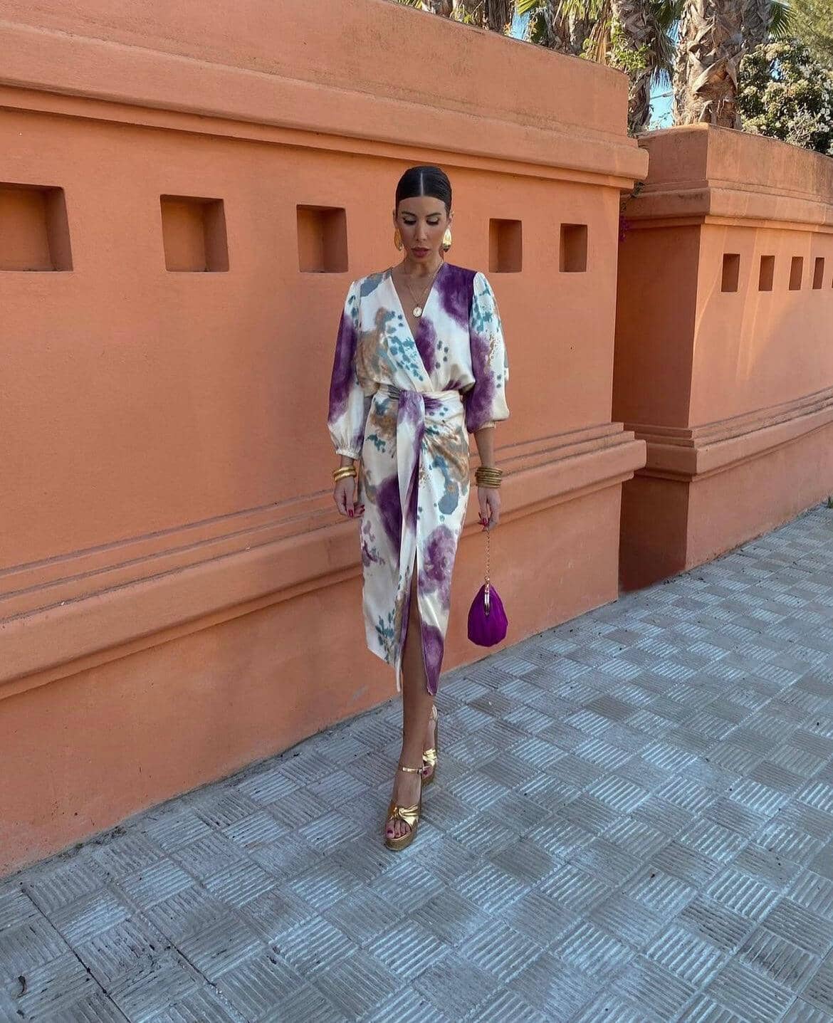 Delphine | Elegant Tie-Dye Satin Wrap Midi Dress