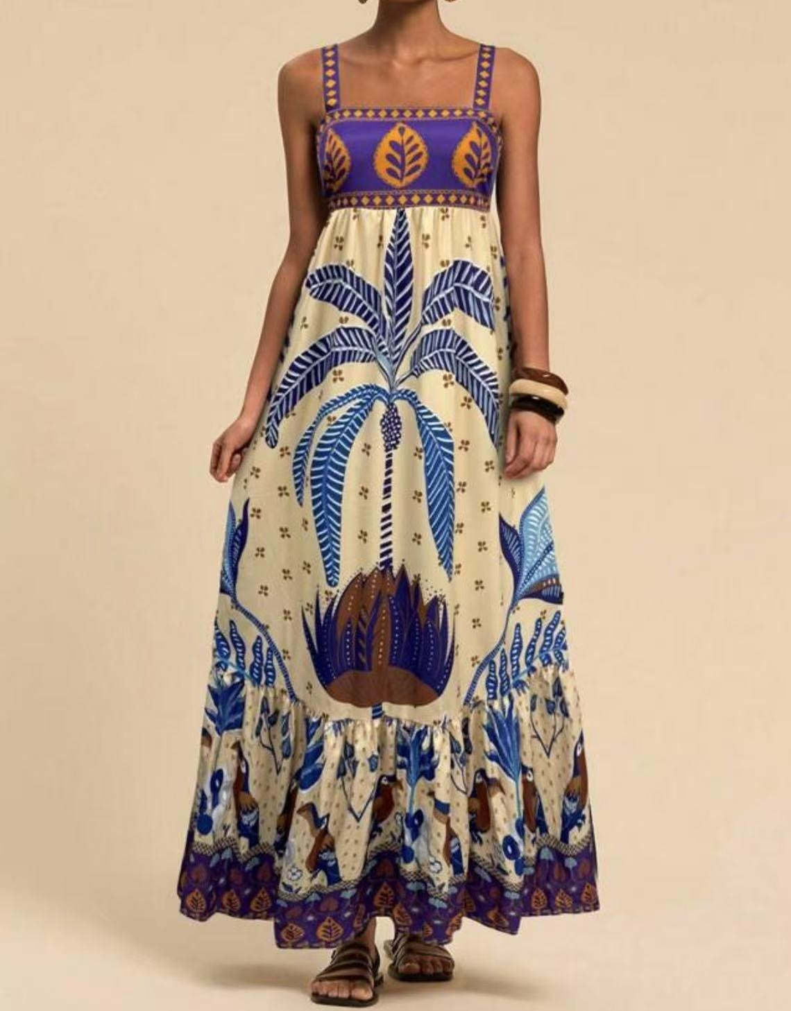Tamrielle | Boho Tropical Print Smocked Maxi Dress
