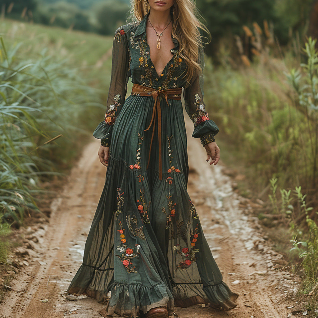 Thessaly | Romantic Floral Embroidered Maxi Dress
