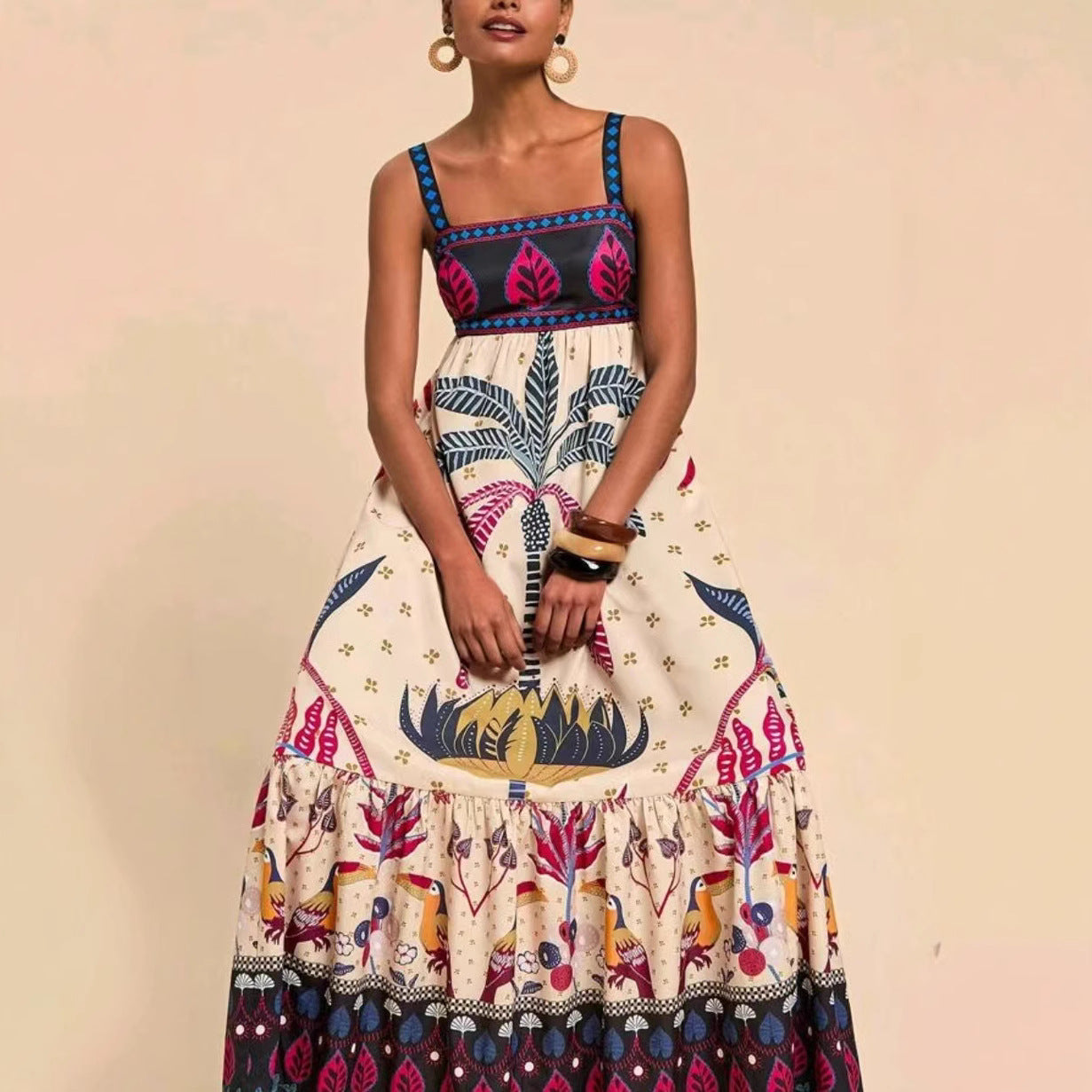 Tamrielle | Boho Tropical Print Smocked Maxi Dress