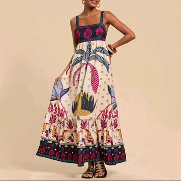 Tamrielle | Boho Tropical Print Smocked Maxi Dress