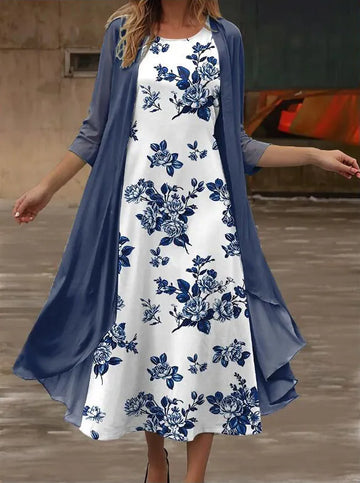 Ophelia | Floral Embroidered Midi Dress with Chiffon Jacket