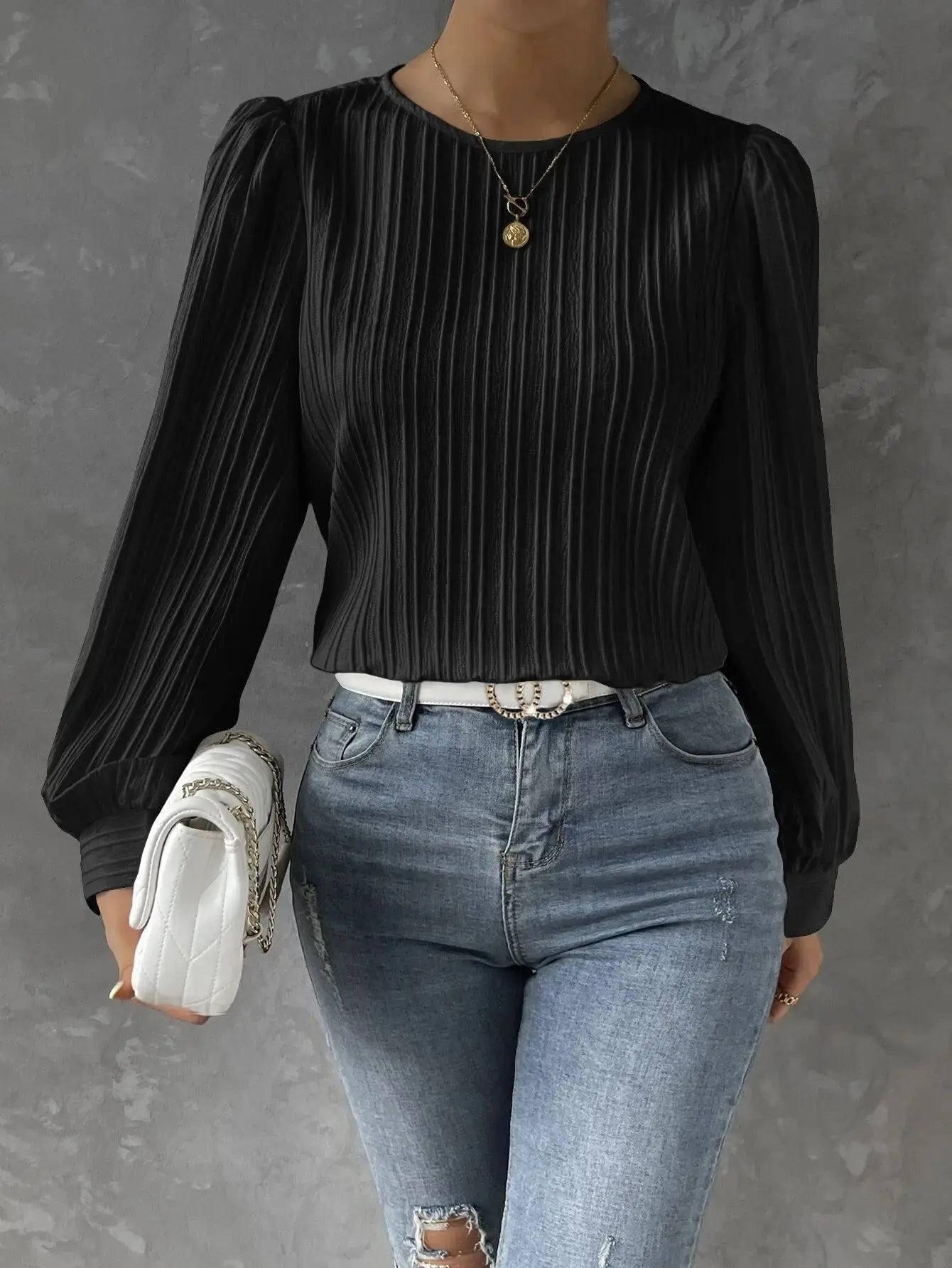 Marlena | Elegant Ribbed Balloon Sleeve Blouse