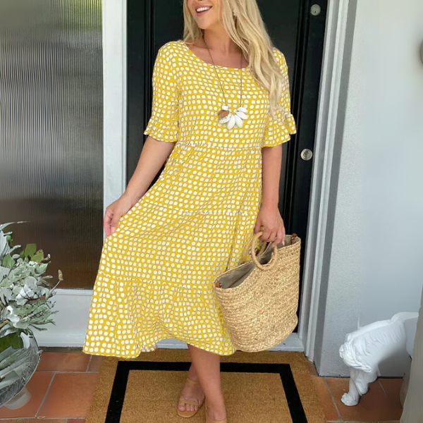 Delphine | Elegant Polka Dot Tiered Midi Dress
