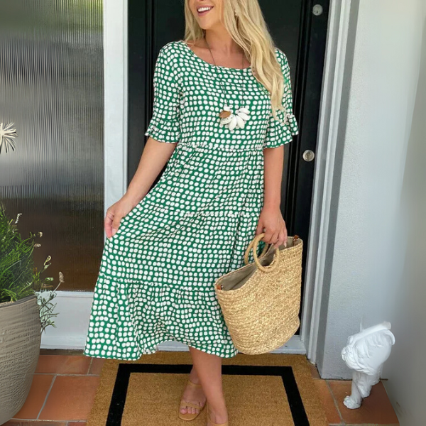 Delphine | Elegant Polka Dot Tiered Midi Dress