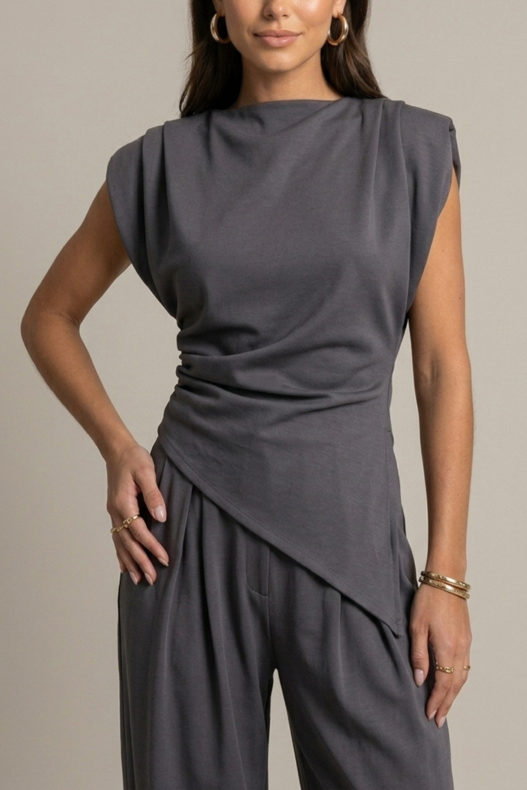 Luxenne | Refined Draped Top & Wide Leg Pants Set