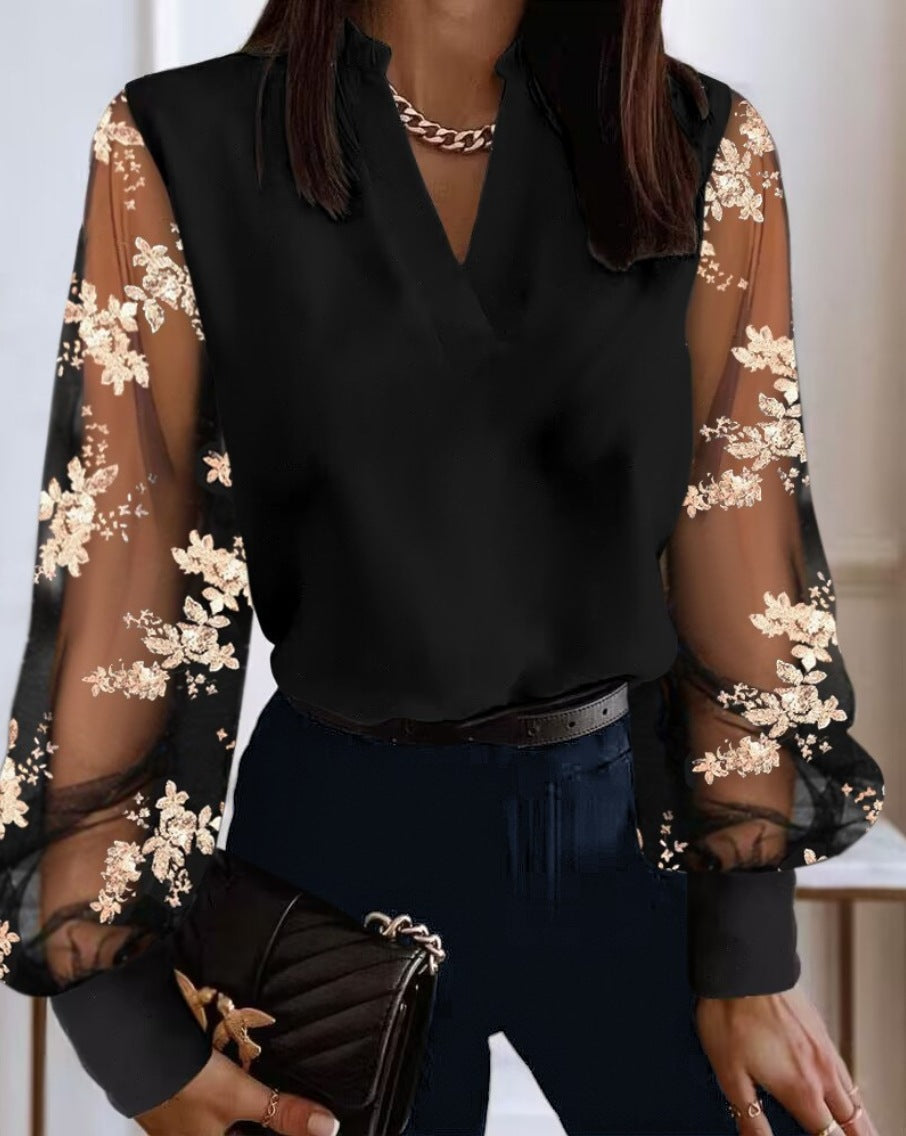 Camille | Elegant Sheer Sleeve Embroidered Blouse