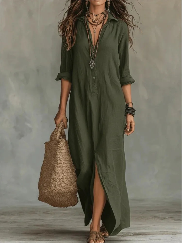 Vivienne | Elegant Linen Shirt Maxi Dress