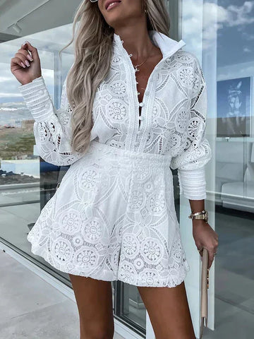 Briallen | Luxe Lace Long Sleeve Top & Shorts Set