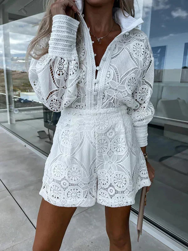 Briallen | Luxe Lace Long Sleeve Top & Shorts Set