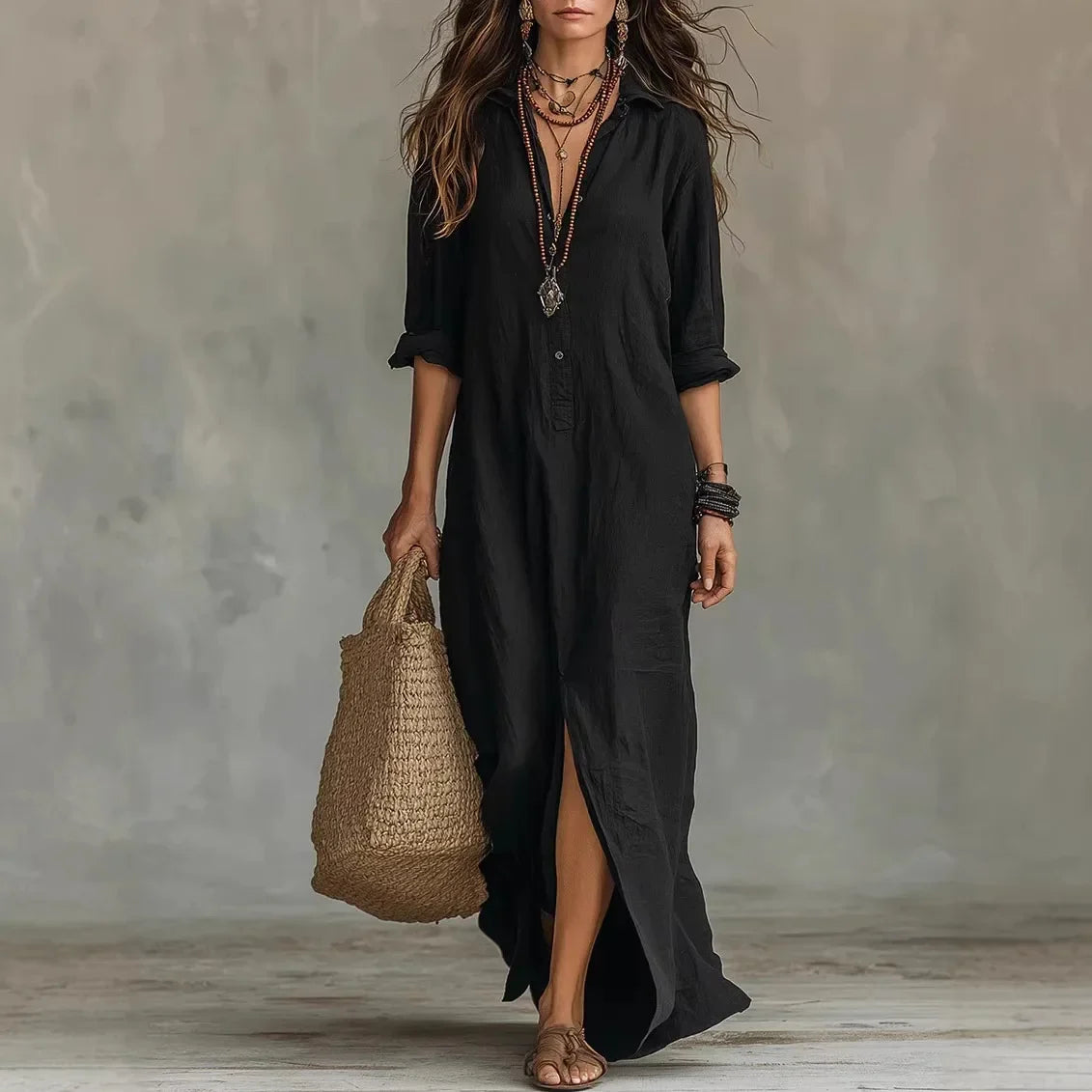Vivienne | Elegant Linen Shirt Maxi Dress