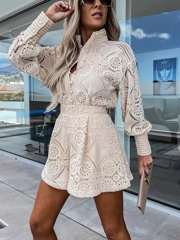 Briallen | Luxe Lace Long Sleeve Top & Shorts Set