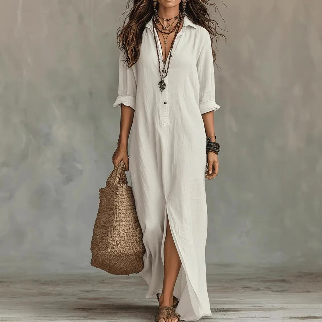 Vivienne | Elegant Linen Shirt Maxi Dress