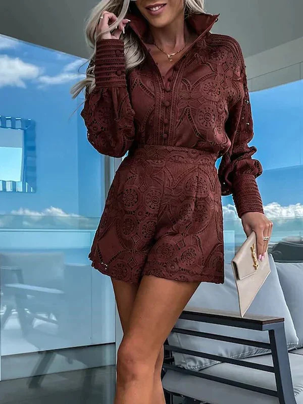 Briallen | Luxe Lace Long Sleeve Top & Shorts Set