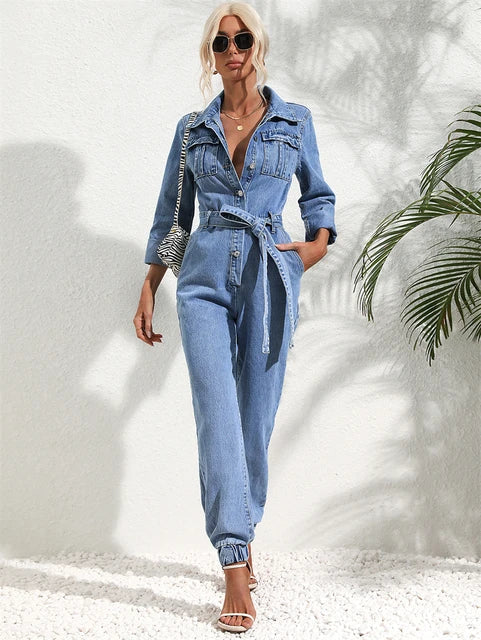 Mirelle | Elegant Denim Belted Jumpsuit