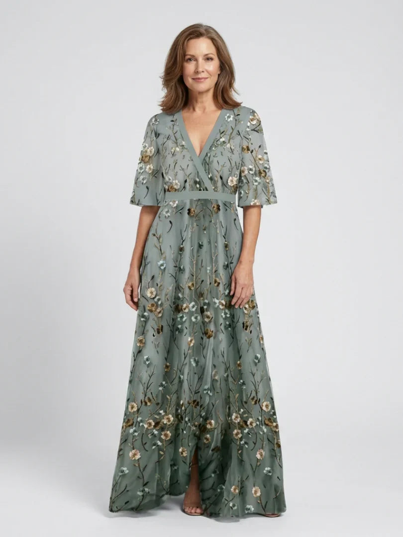 Thessaly | Elegant Floral Embroidered Maxi Dress