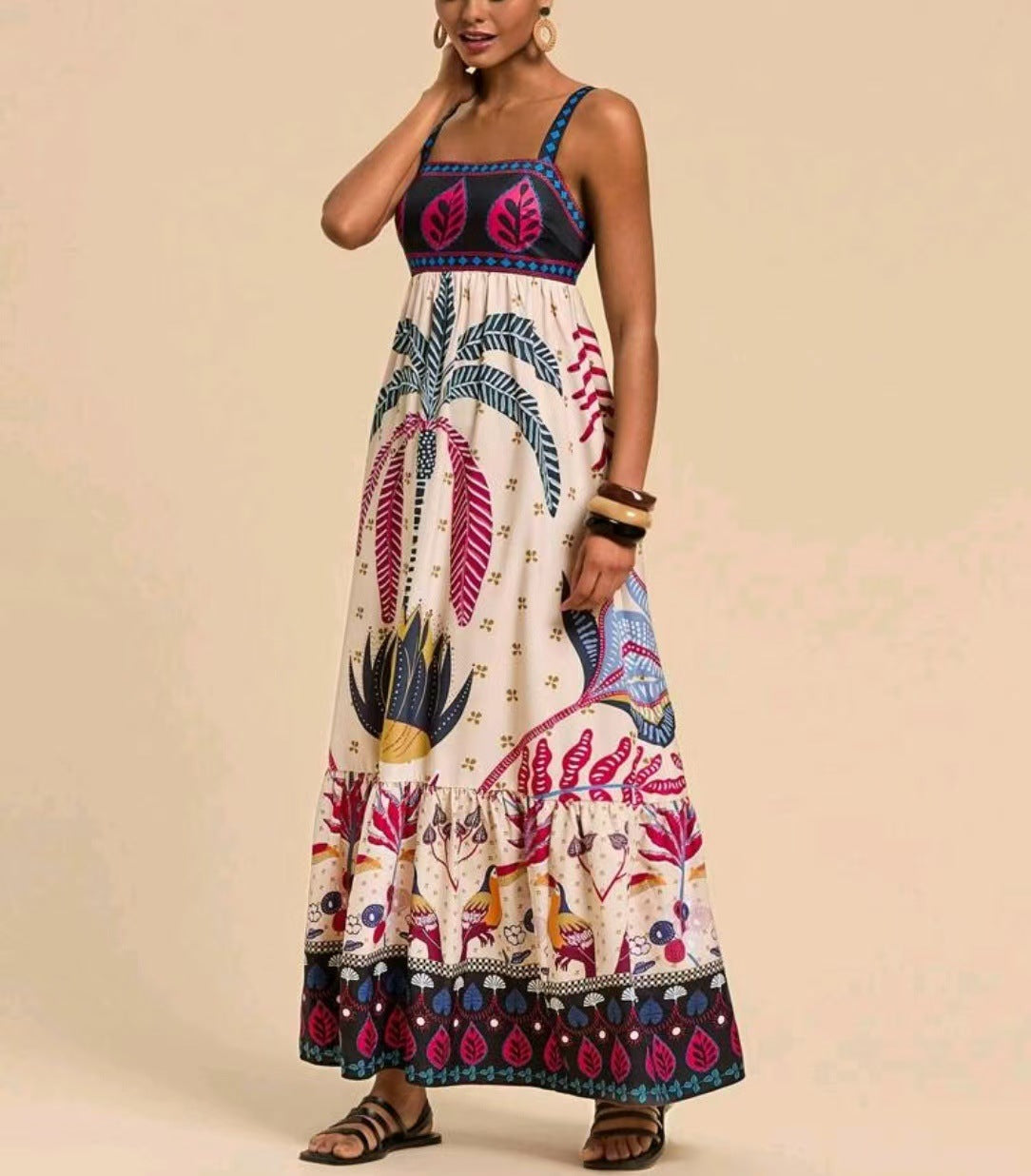 Tamrielle | Boho Tropical Print Smocked Maxi Dress