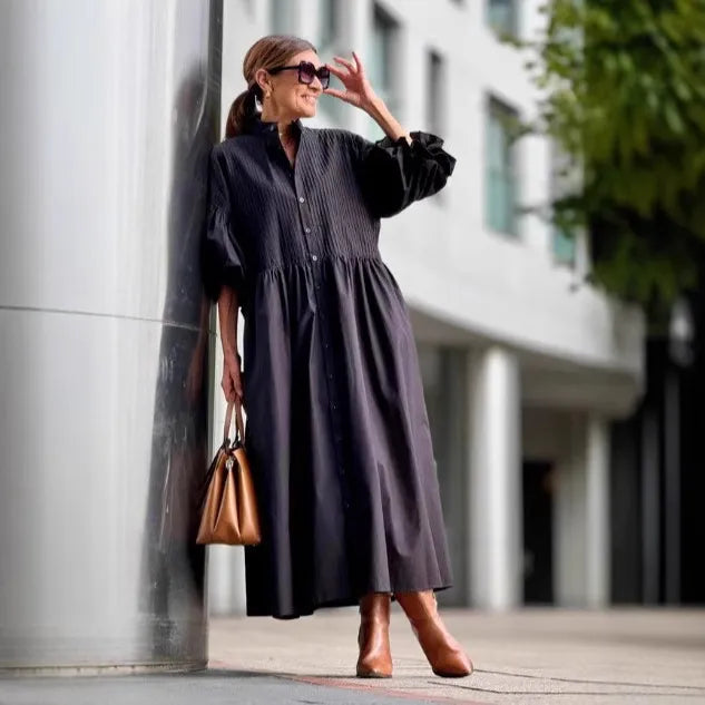 Cassandra | Elegant Puff Sleeve Button Front Maxi Dress