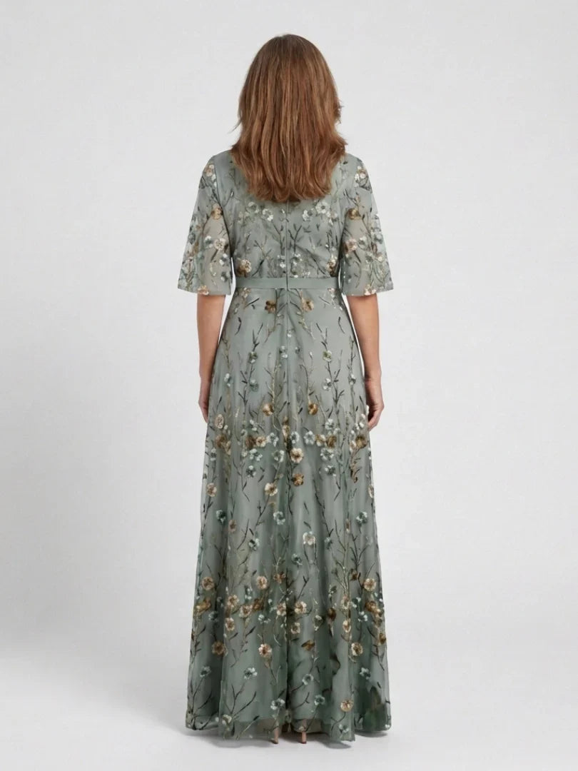 Thessaly | Elegant Floral Embroidered Maxi Dress