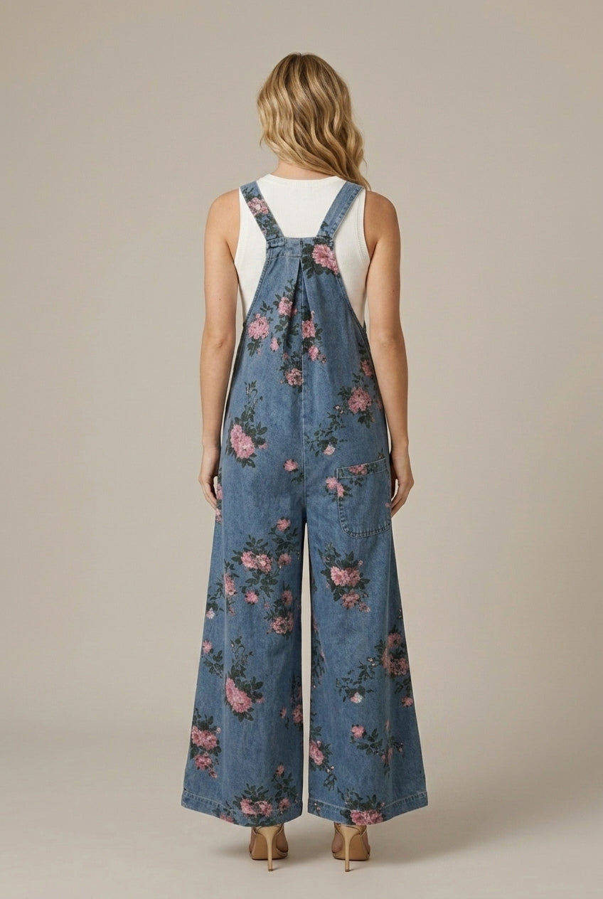 Floralie | Casual Floral Wide-Leg Denim Jumpsuit