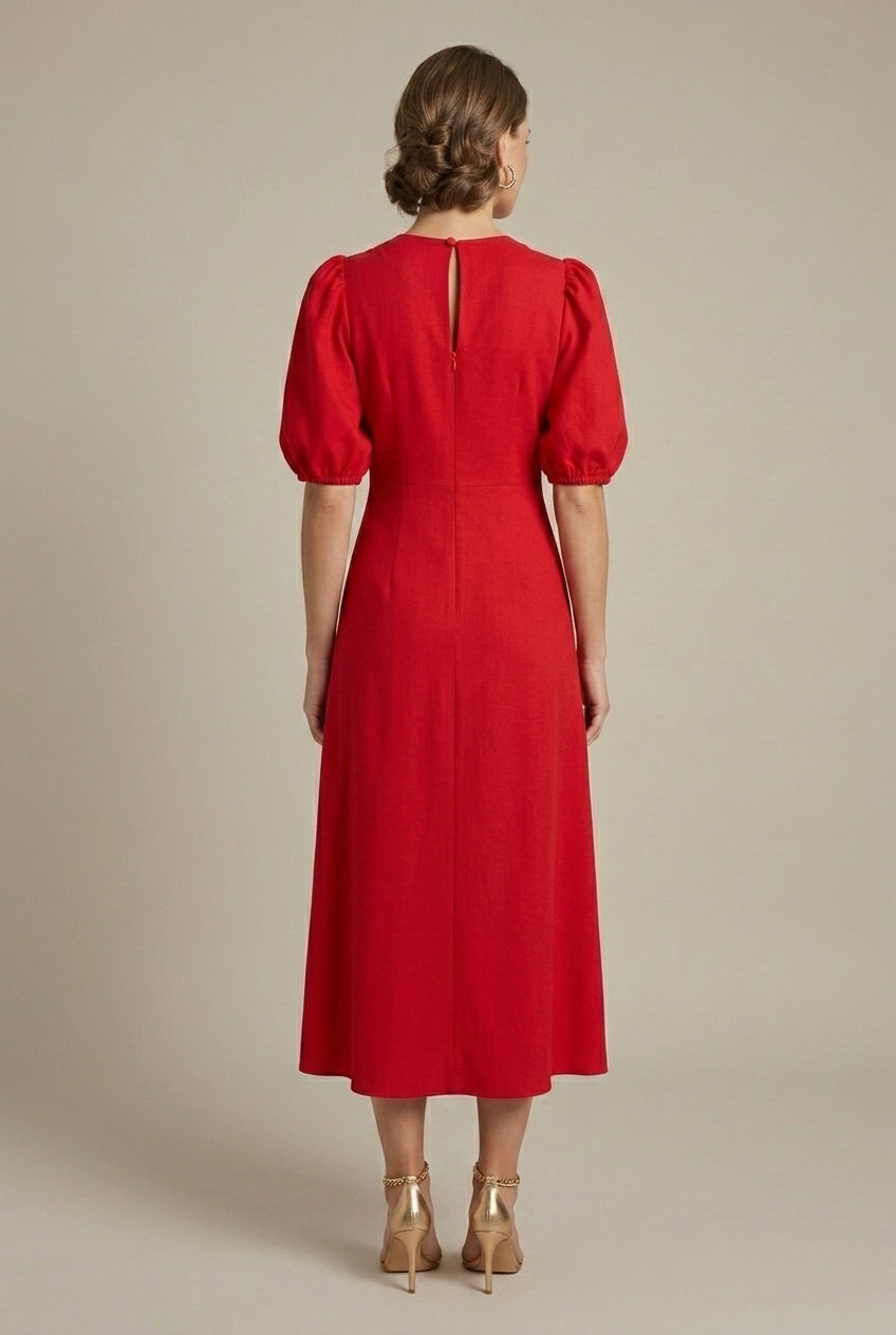 Isolenne | Elegant Puff-Sleeve Midi Dress