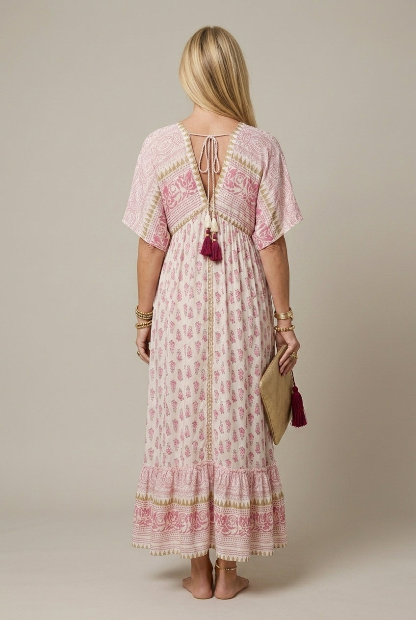 Vivienne | Elegant Pink Paisley Tiered Maxi Dress