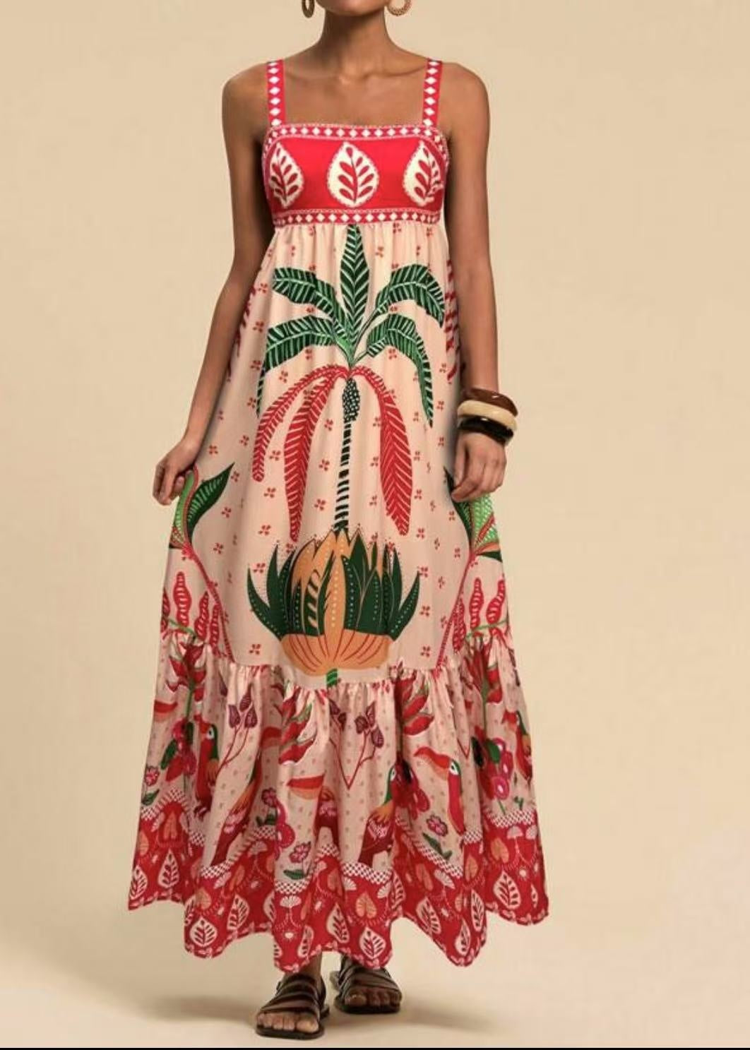 Tamrielle | Boho Tropical Print Smocked Maxi Dress