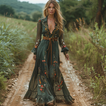 Thessaly | Romantic Floral Embroidered Maxi Dress