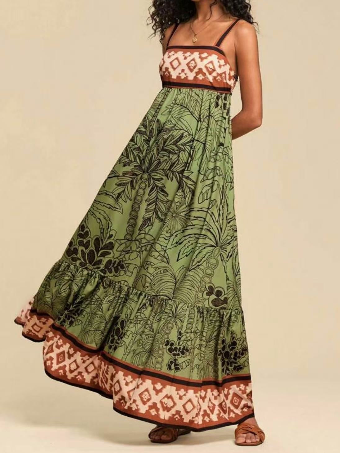 Tamrielle | Boho Tropical Print Smocked Maxi Dress