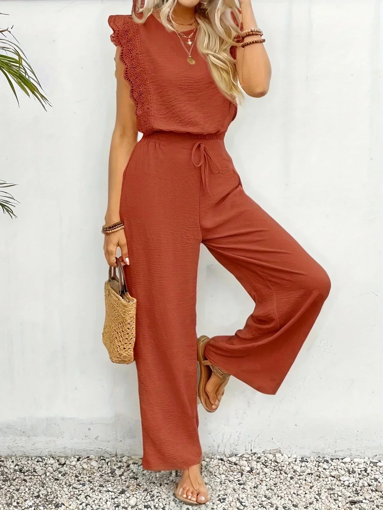 Adalenne | Effortless Lace Trim Wide Leg Two Piece Set
