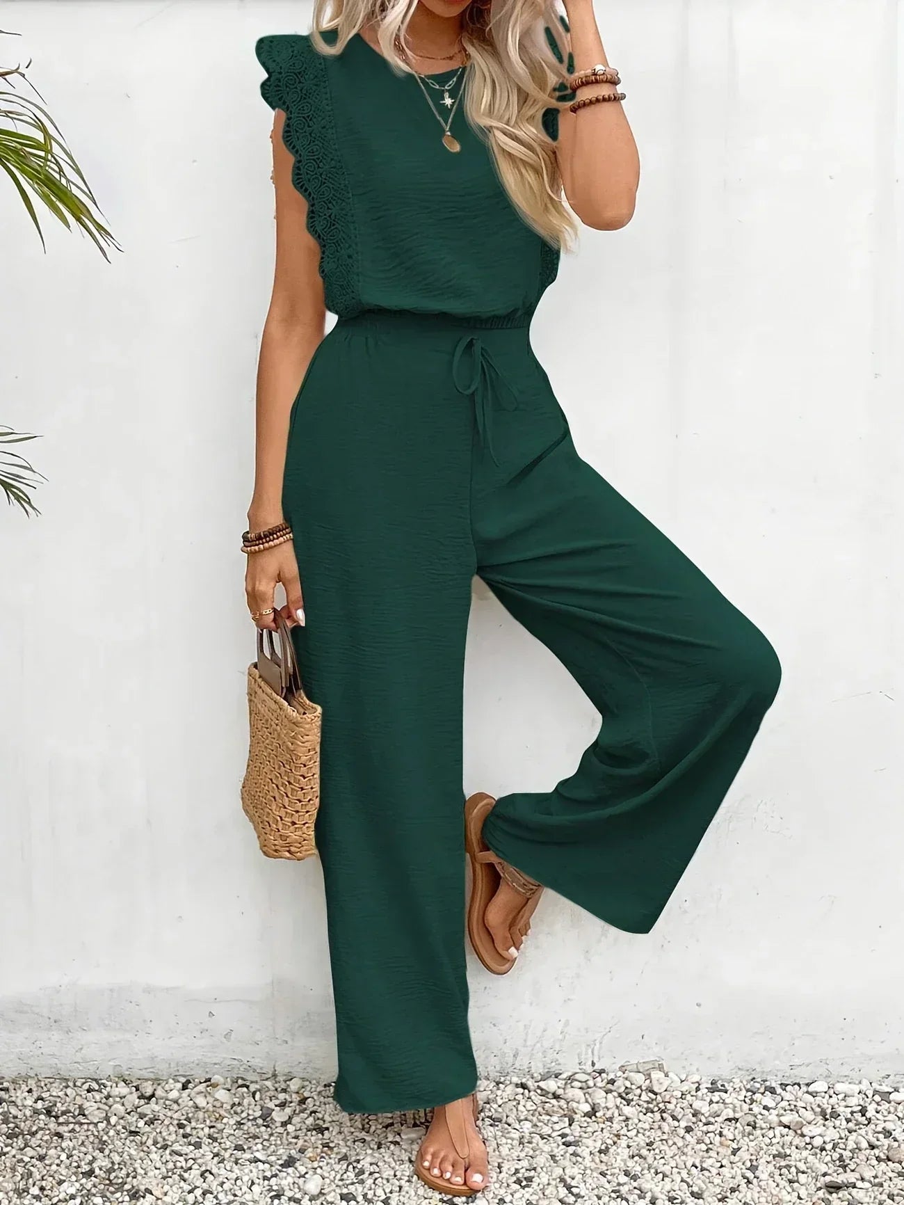Adalenne | Effortless Lace Trim Wide Leg Two Piece Set